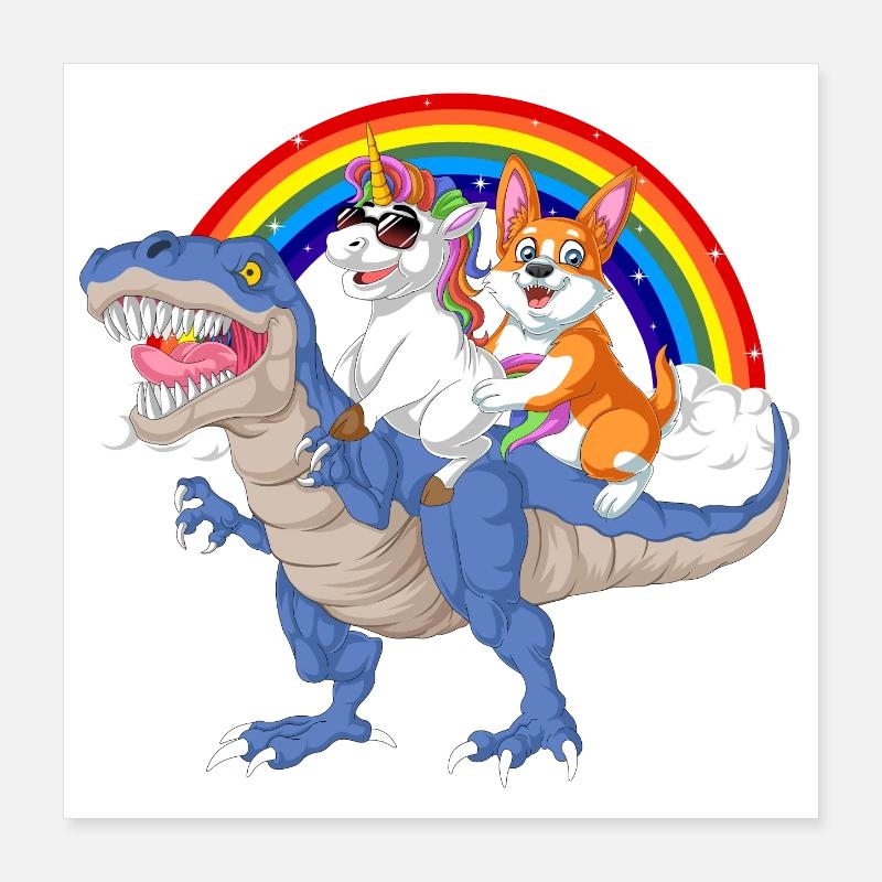 Corgi und Einhorn reiten Dinosaurier Poster 40x40 cm