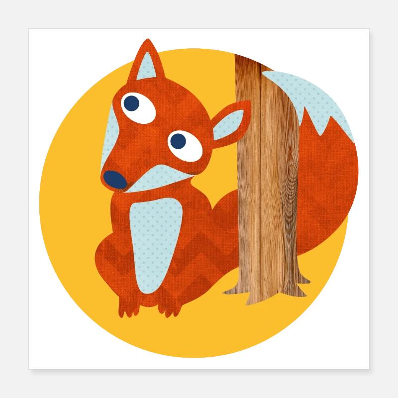 Fox Tree Trunk Forest Nursery Comic Animal Love Poster 16" x 16" (40x40 cm)