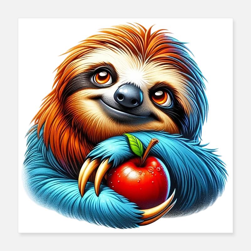 Faultier mit rotem Apfel Poster 40x40 cm