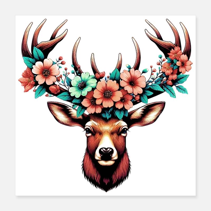 Hirsch mit Blumen Poster 40x40 cm