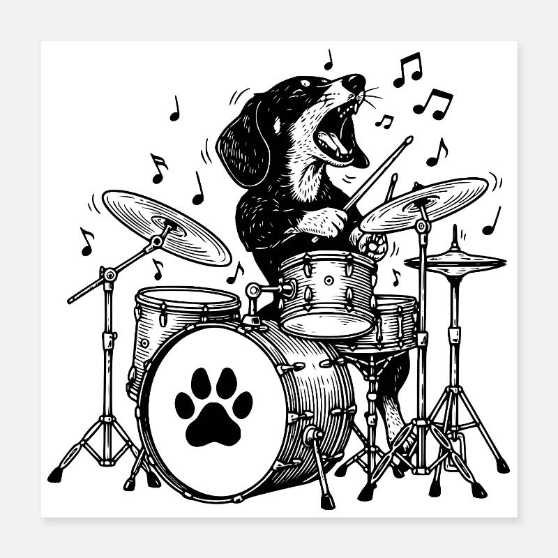 Musical Dachshund Drummer Art Poster 16" x 16" (40x40 cm)