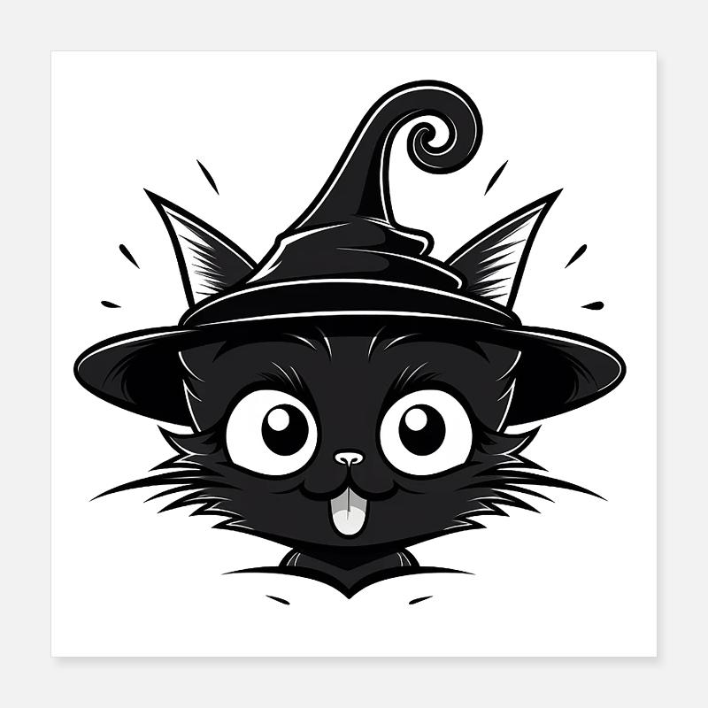 Sorcière Chat Noir avec Chapeau de Sorcière - Chat Poster 40 x 40 cm