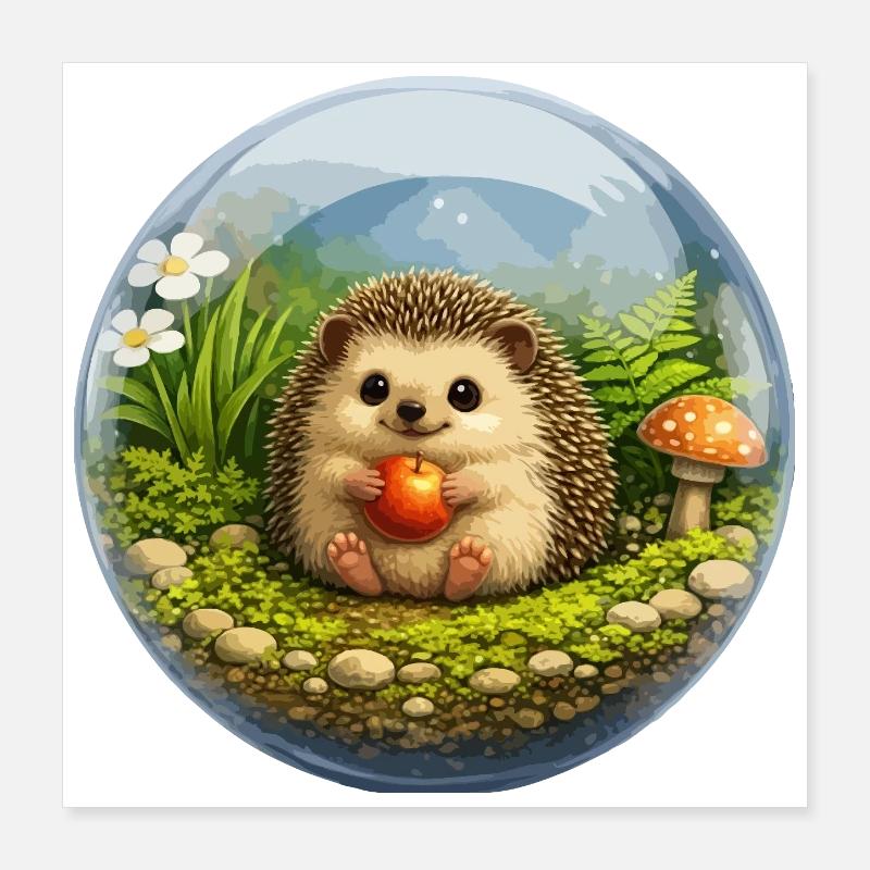 Igel in Glaskugel mit Waldszene Poster 40x40 cm
