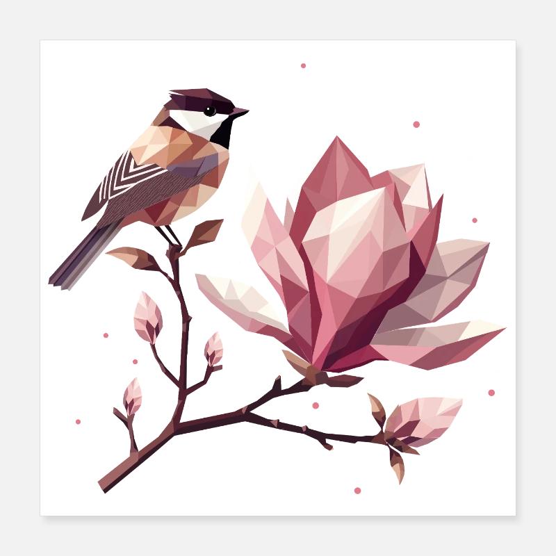 Vogel auf Magnolienzweig – Harmonische Komposition Poster 40x40 cm