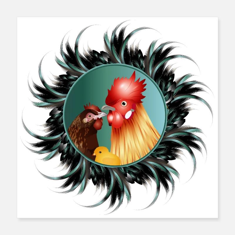 Rooster with hen and chicks in feather frame Poster 16" x 16" (40x40 cm)