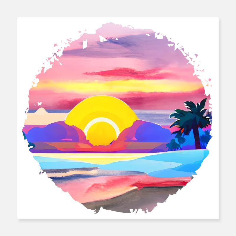 Aquarelle de plage de coucher de soleil d’été Poster 40 x 40 cm