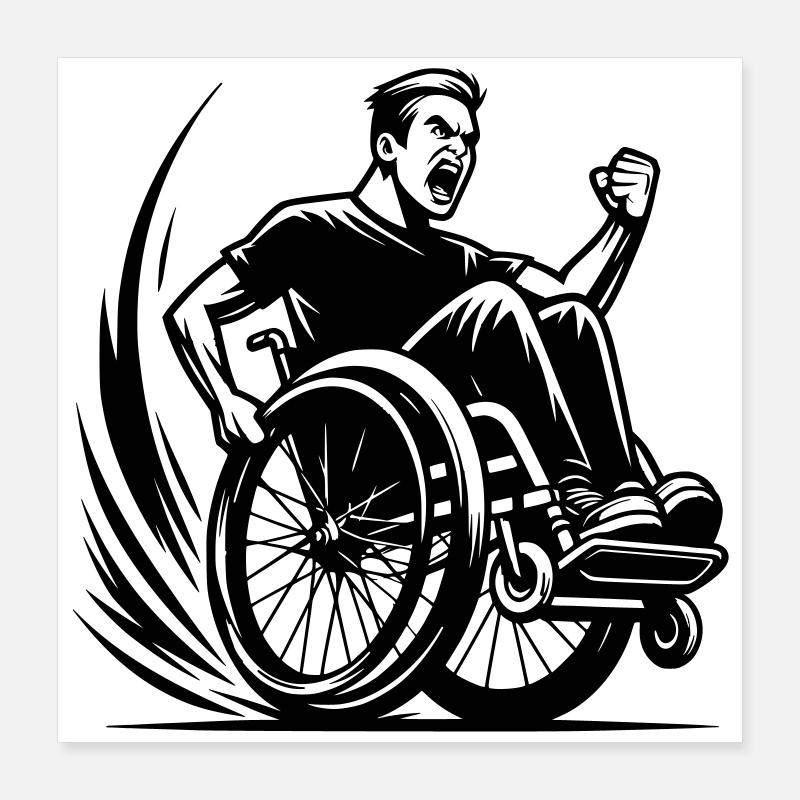 Angry wheelchair user doing a wheelie # Poster 16" x 16" (40x40 cm)