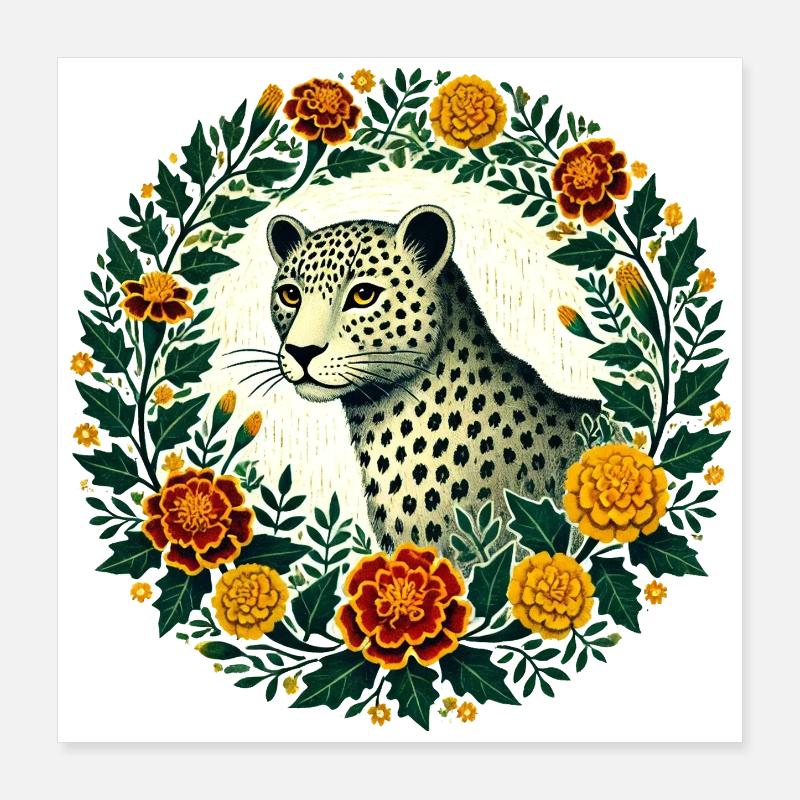 Léopard élégant avec cadre floral Poster 40 x 40 cm