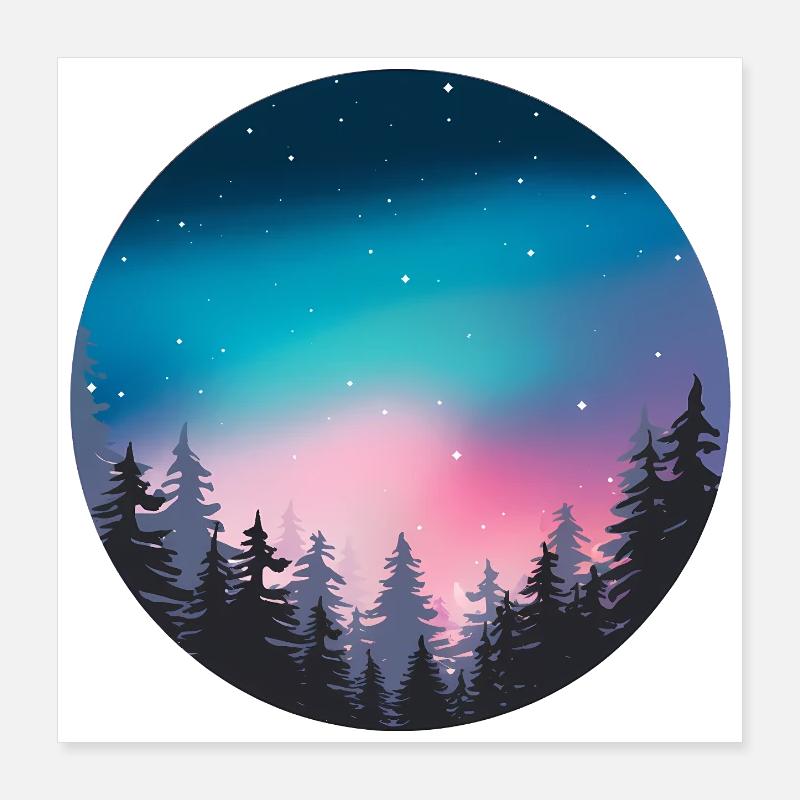 Night Sky Aurora Forest Landscape Poster 16" x 16" (40x40 cm)
