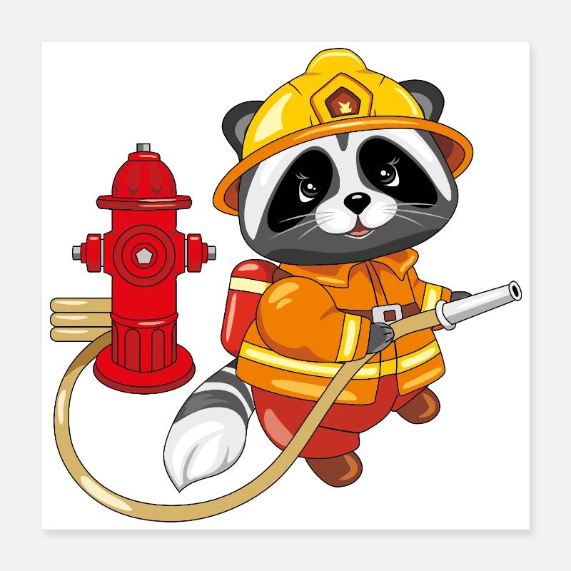 Mignon raton laveur pompier avec une bouche d’incendie Poster 40 x 40 cm
