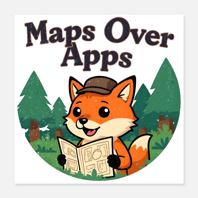 Maps over Apps Fox with map Poster 16" x 16" (40x40 cm)