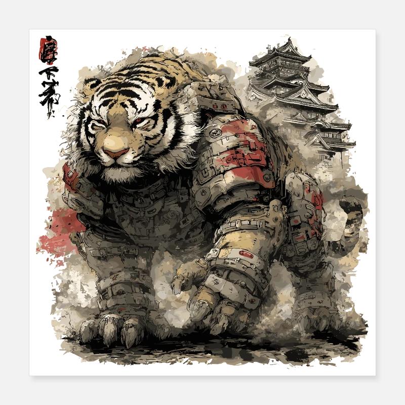 Armure de Samouraï Tigre devant le château Poster 40 x 40 cm
