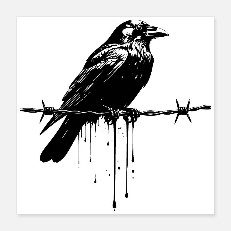 Raven on Barbed Wire Ink Poster 16" x 16" (40x40 cm)