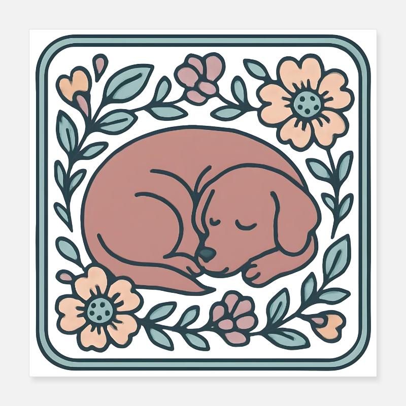 Chien endormi dans un cadre fleuri Poster 40 x 40 cm