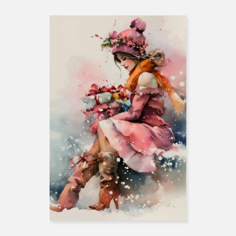 Wintermädchen in Aquarell und Geschenken Poster 60x90 cm
