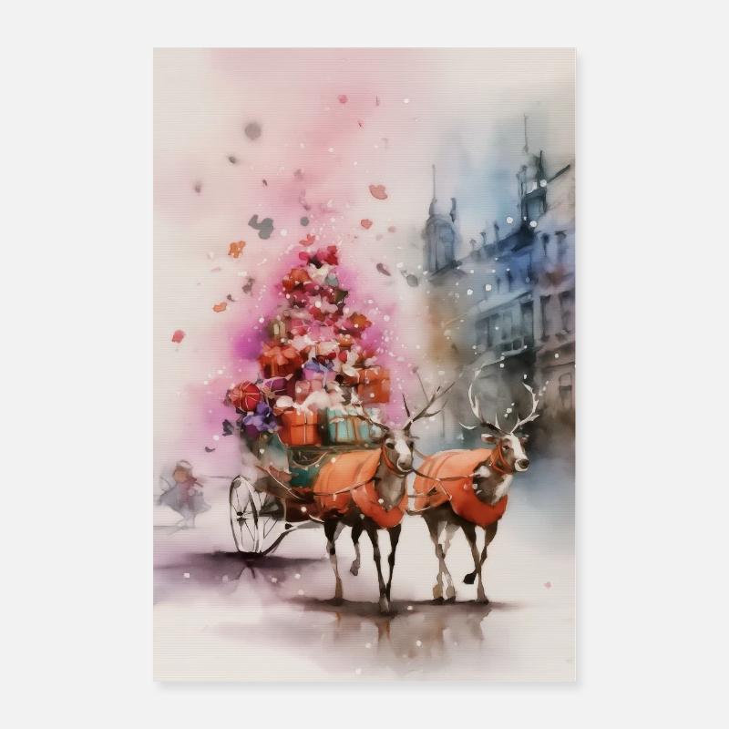 Reindeer Sleigh Christmas Watercolor Poster 24" x 35" (60x90 cm)