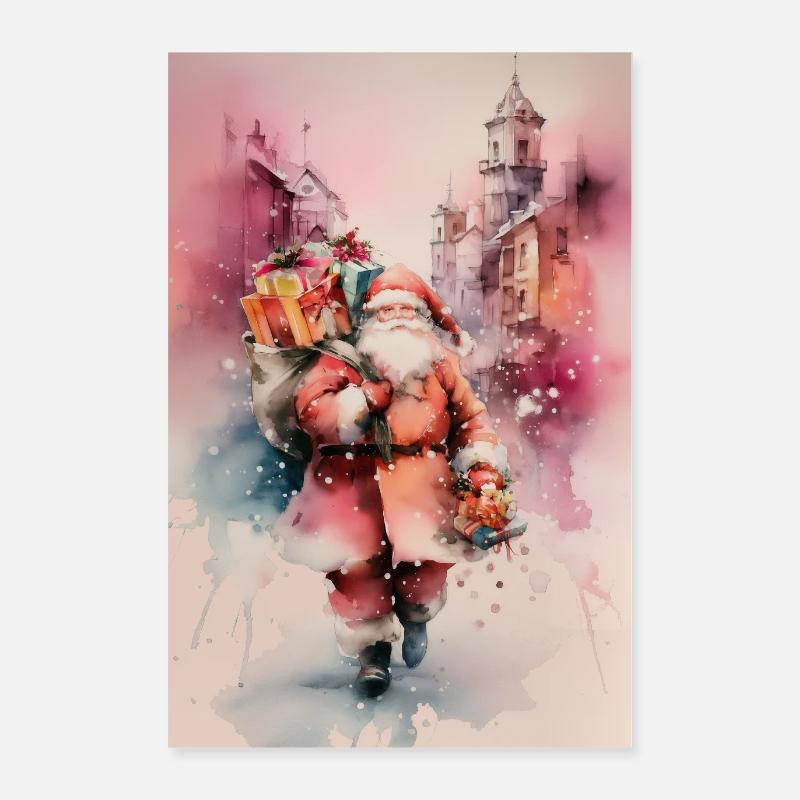 Santa aquarelle urbain et cadeaux Poster 60 x 90 cm