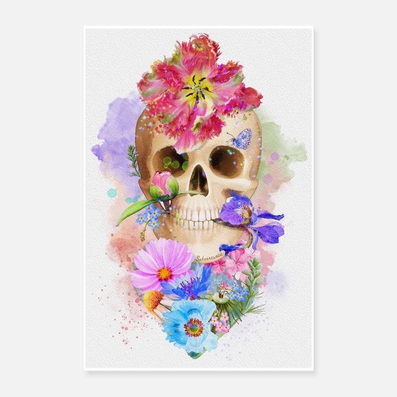Crâne avec fleurs Affiche colorée - Poster 60 x 90 cm - blanc