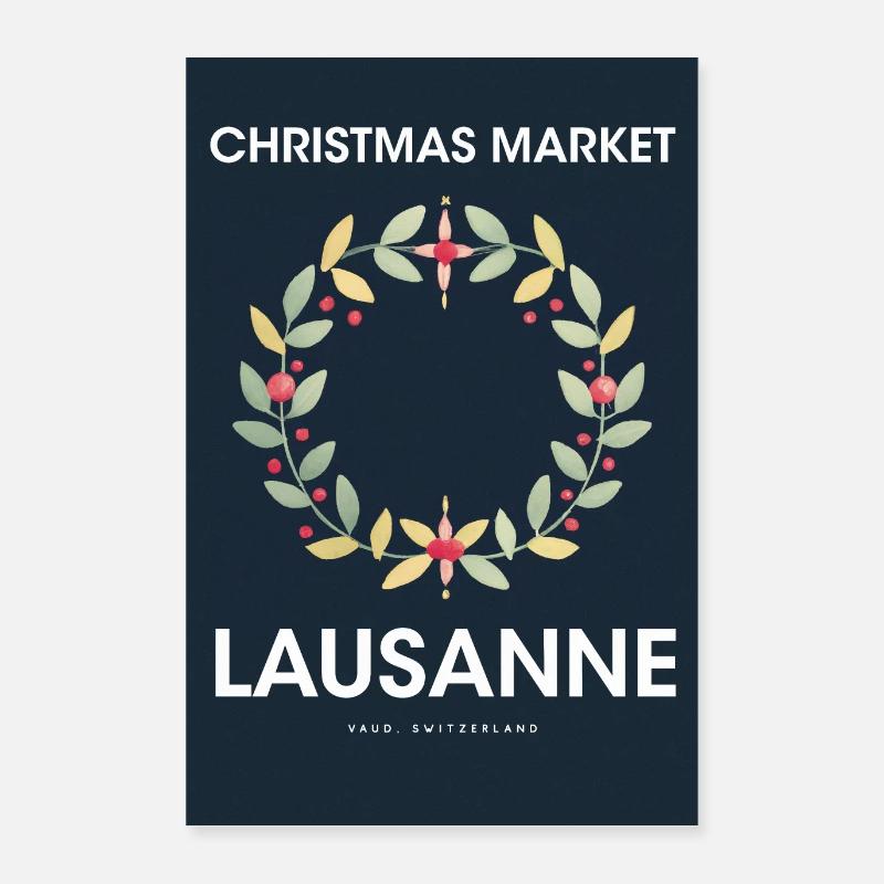 Marché de Noël Lausanne Affiche Suisse 1960 - Poster 60 x 90 cm - blanc