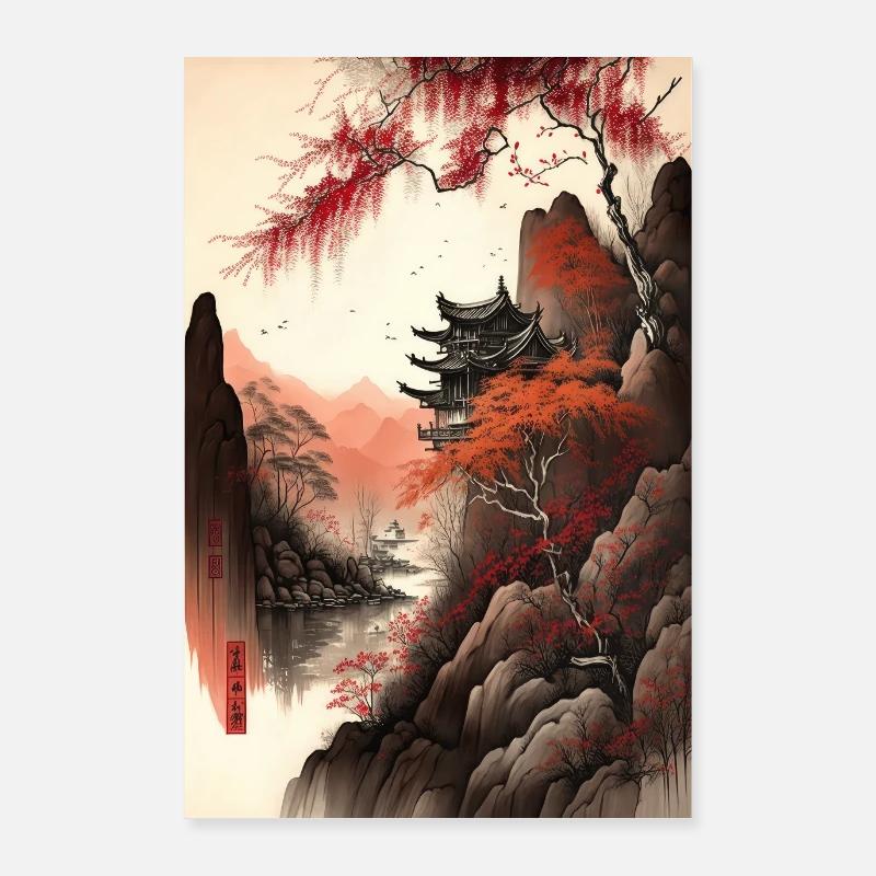 Chinese Landscape Red Black Ink Temple Poster 24" x 35" (60x90 cm)