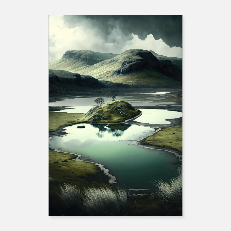 Surrelistic landscape mountains river pond meadows Poster 24" x 35" (60x90 cm)