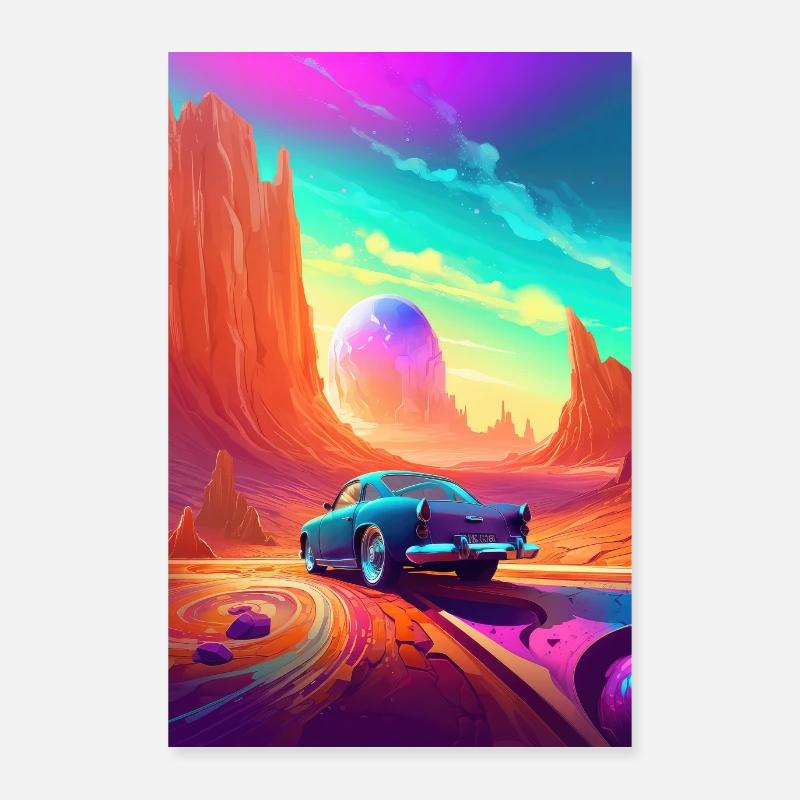 Hot Rod Car Futurystyczna pustynia Kolorowe Plakat o wymiarach 60x90 cm