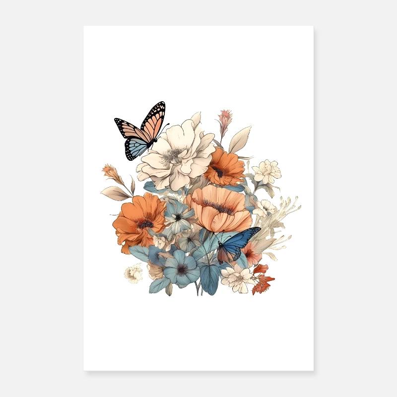 Art floral, Fleur, Fleurs | Papillon, Boho Poster 60 x 90 cm