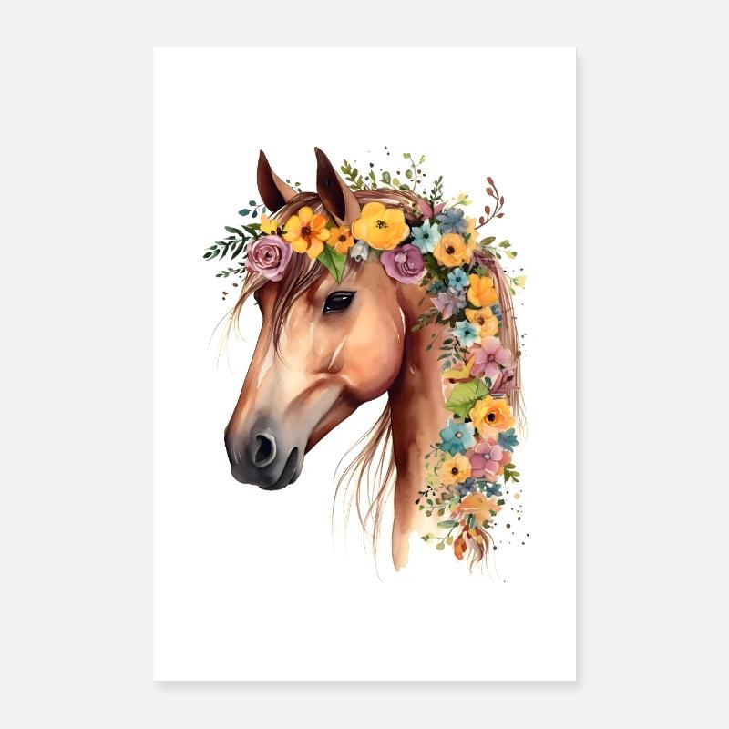 Braunes Pferd mit Blumen Poster 60x90 cm