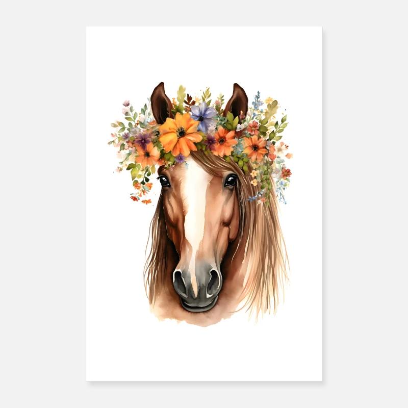 Cheval marron avec des fleurs Poster 60 x 90 cm