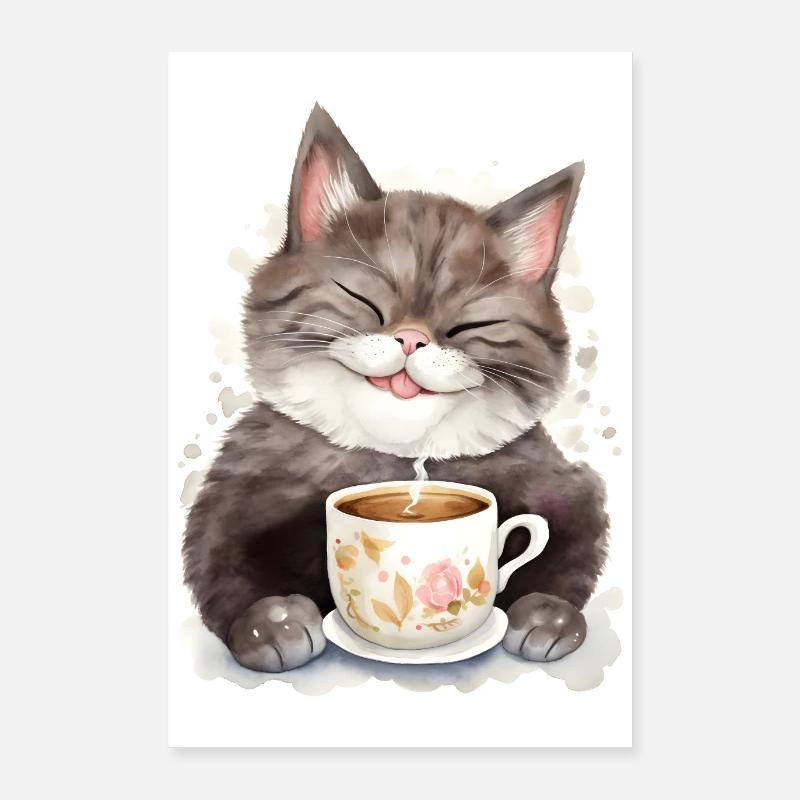 Katze mit Kaffee - Poster 60x90 cm - Weiß