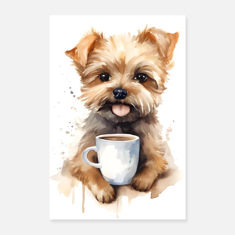 Chien avec café Poster 60 x 90 cm