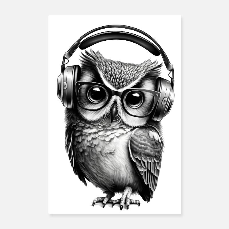 Eule mit Brille und Kopfhörern Poster 60x90 cm