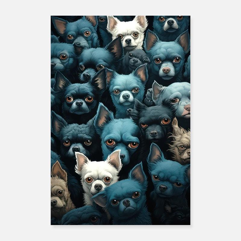 Chien de dessin animé multiple 3 (bleu et blanc) Poster 60 x 90 cm