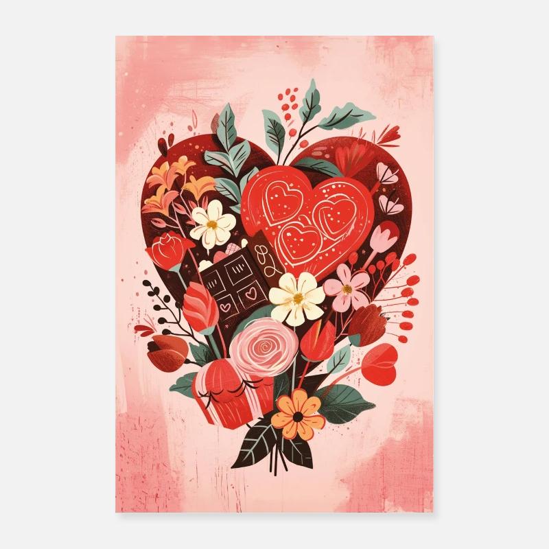 Bouquet de fleurs roses et rouges avec des cœurs - Poster 60 x 90 cm - blanc