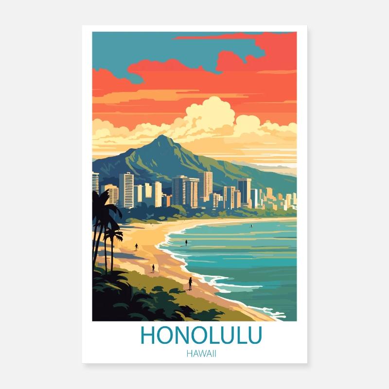 affiche rétro Honolulu Hawaï Poster 60 x 90 cm