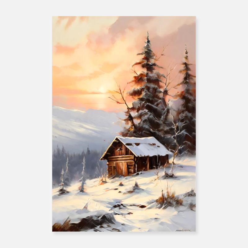Small Cabin Mountain Landscape Poster 24" x 35" (60x90 cm)