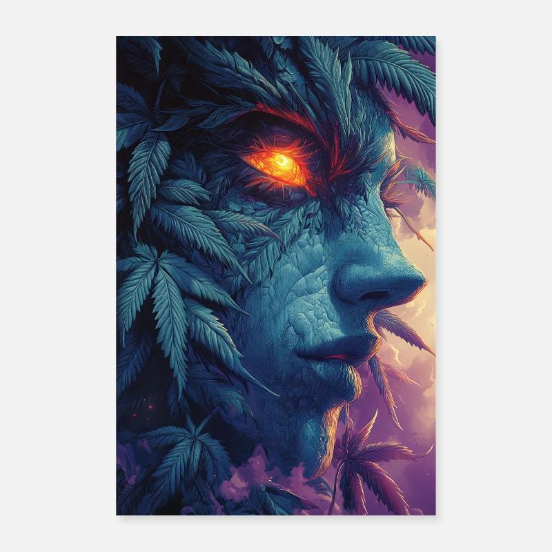 Visage de feuille avec œil de feu Poster 60 x 90 cm
