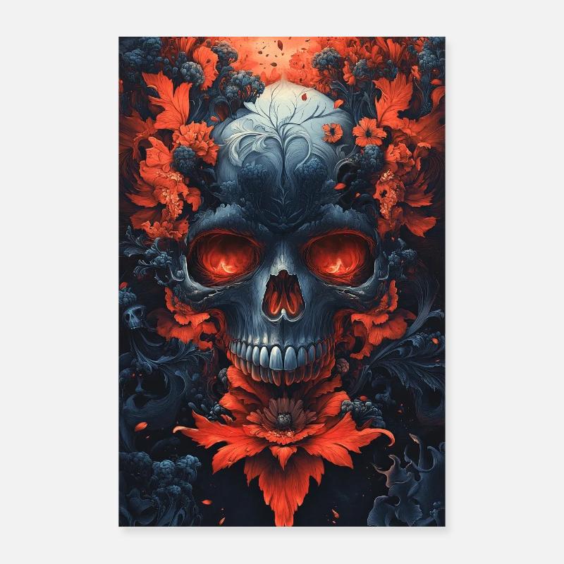 Blutrote Blüten Schädelkunst Poster 60x90 cm