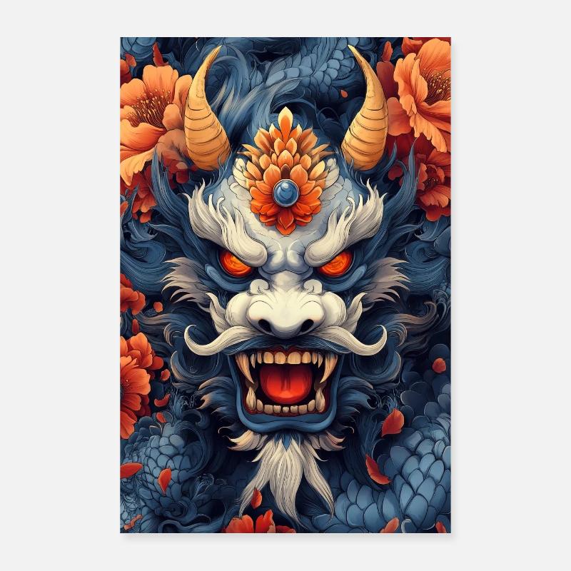 Blauer Drachenkopf mit Feuerblumen Poster 60x90 cm