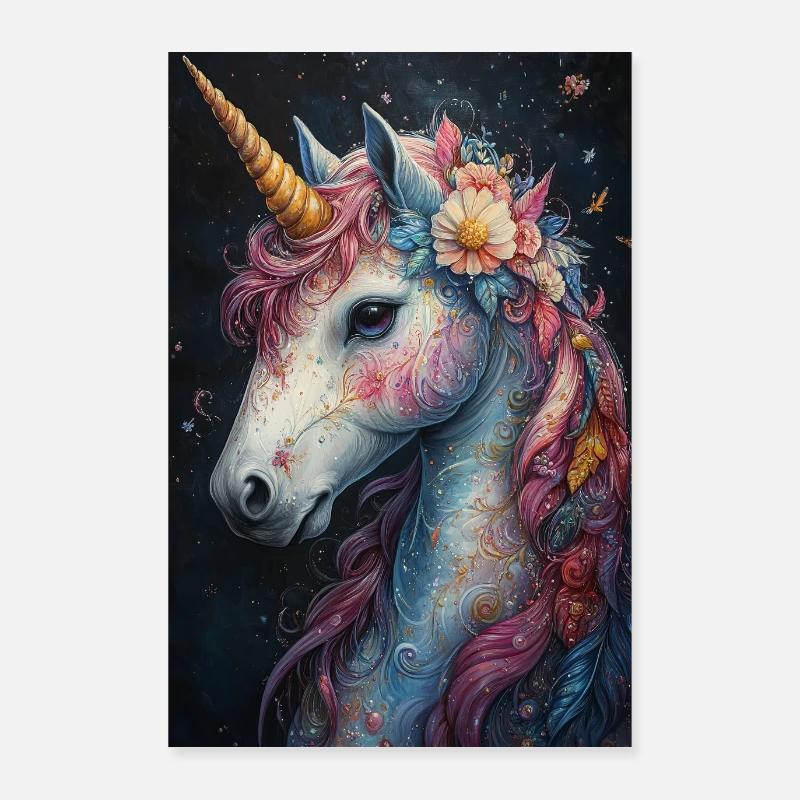 Licorne colorée dans une couronne de fleurs Poster 60 x 90 cm
