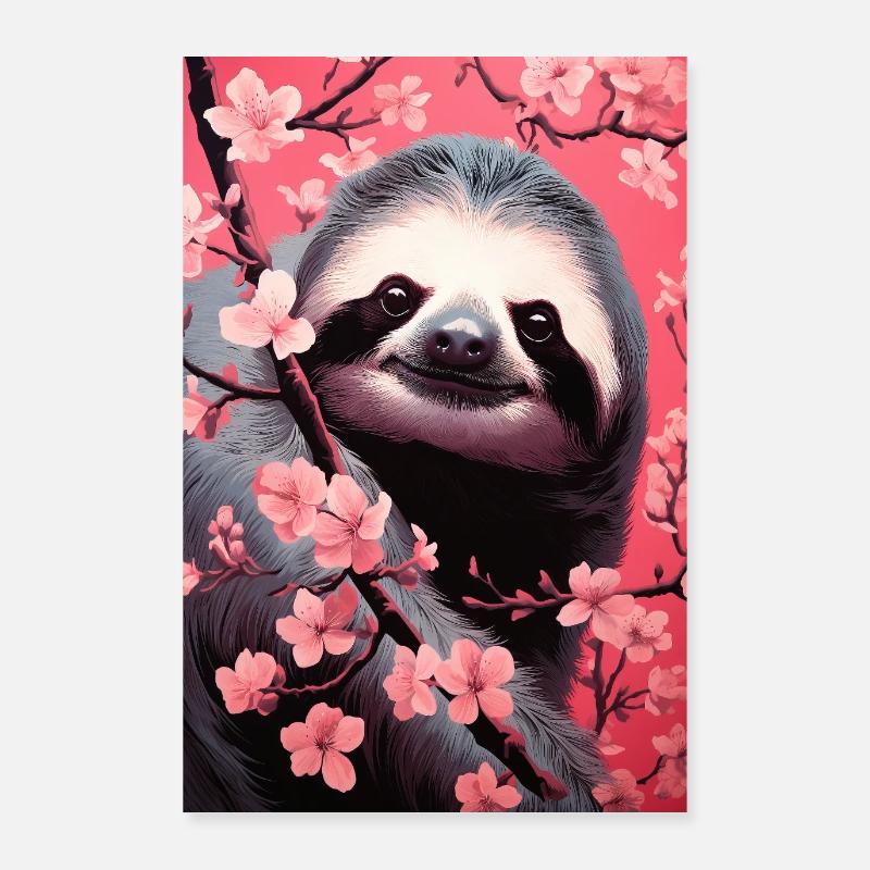 Sloth Blossoms Pink Background Poster 24" x 35" (60x90 cm)