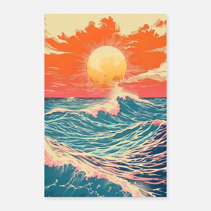 Artistique Océan Vagues Coucher de soleil Poster 60 x 90 cm