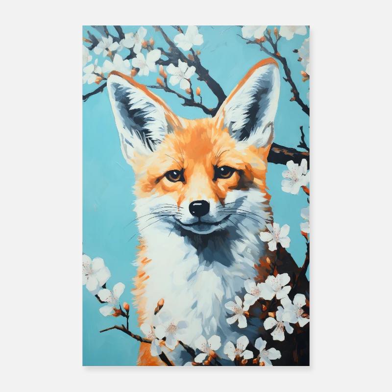 Renard Peinture Fleurs Arbre Poster 60 x 90 cm