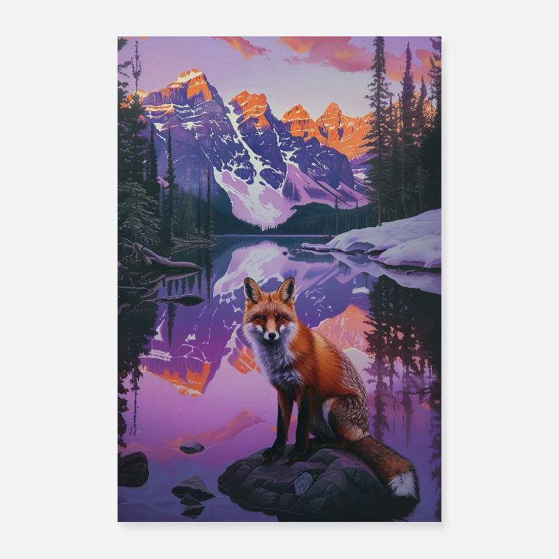 Fox Mountain Lac Coucher de soleil Réflexion Poster 60 x 90 cm
