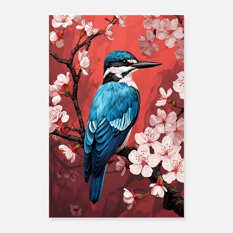 Kingfisher Cherry Blossom Artwork Poster 24" x 35" (60x90 cm)