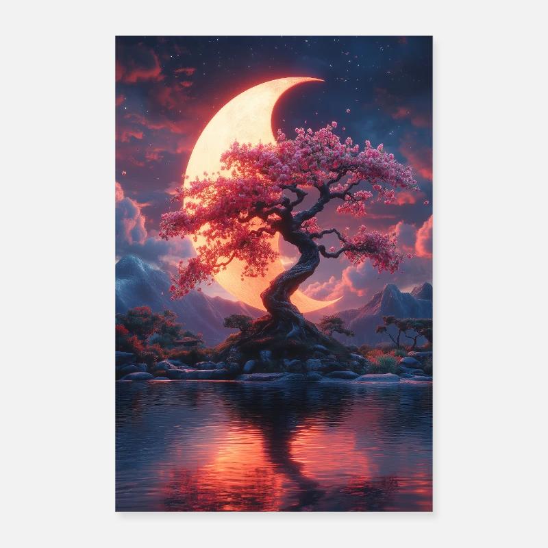 Magisk aften kirsebærtræ halvmåne landskab Poster 60x90 cm