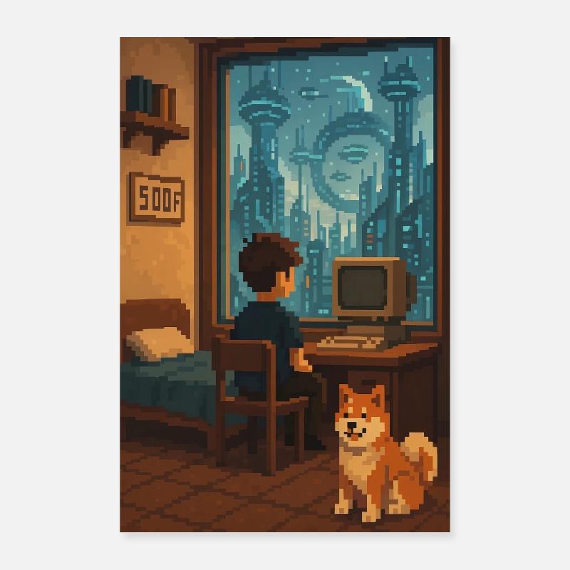 Pixelkunst Zimmer Computer Hund futuristisch - Poster 60x90 cm - Weiß