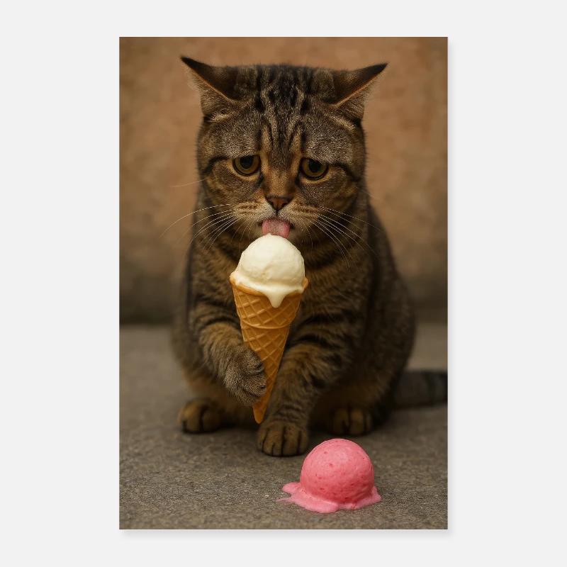 Katzen Eiscreme Eistüte Matsch Gesichtsausdruck - Poster 60x90 cm - Weiß