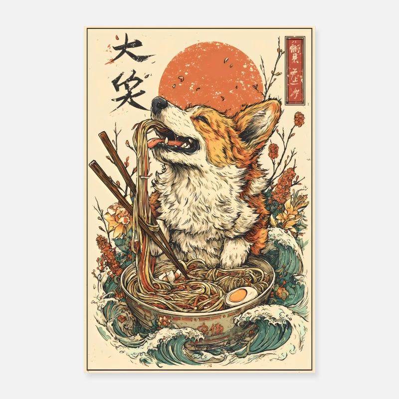 Corgi Japonais mangeant des Ramen - Style Ukiyo-e Poster 60 x 90 cm