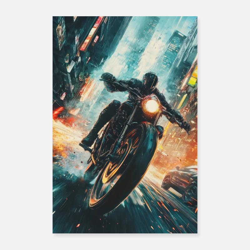 Cyberpunk Motorcycle Chase Poster 24" x 35" (60x90 cm)